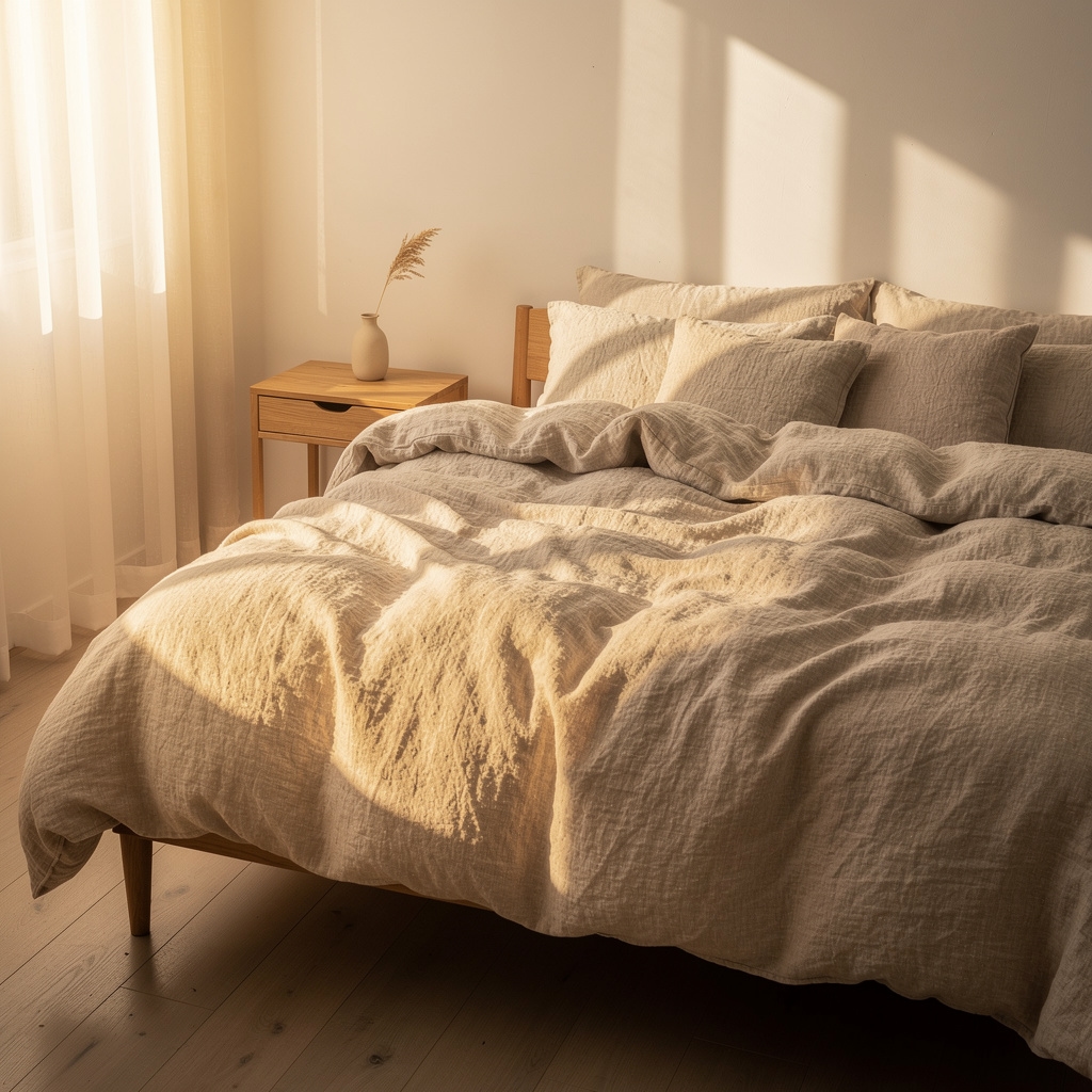 Naturfarbene Leinenbettwäsche auf einem Bett mit Morgenlicht