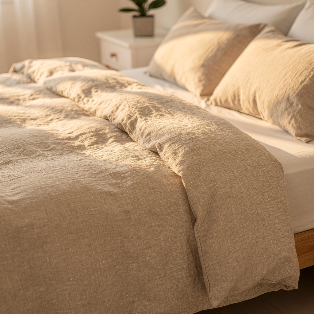Leinenbettwäsche in Naturfarben, frisch gemacht auf einem hellen Bett