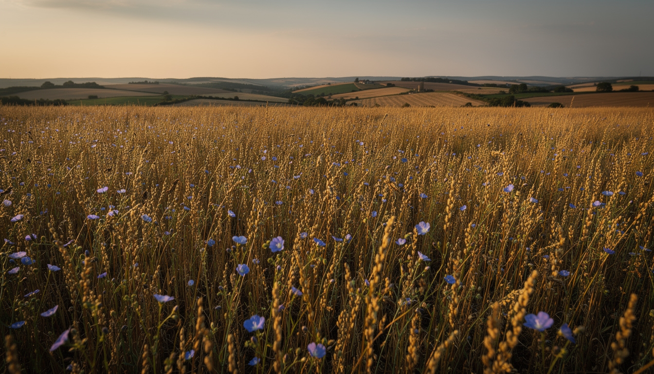 Leinenpflanzen auf einem europäischen Feld bei Ernte, goldenes Licht