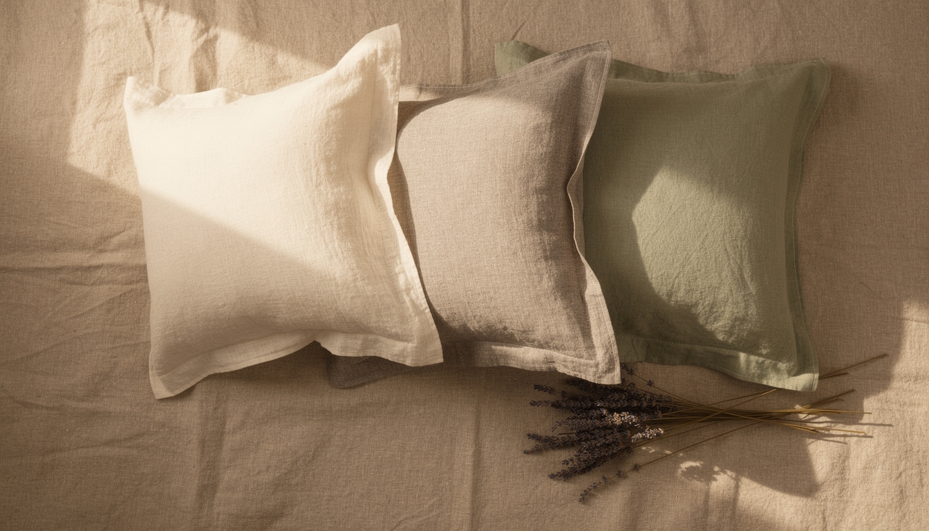 Leinenkissenbezüge in Grau und Naturweiß auf einem Bett arrangiert